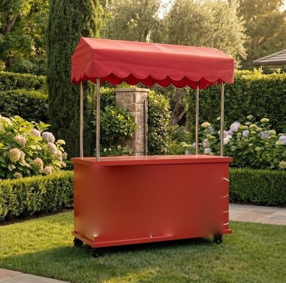 Red scalloped awning cart